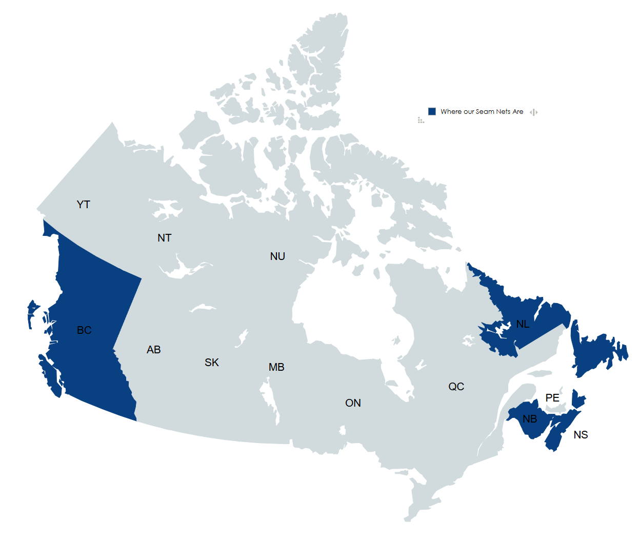 Map of Canada with provinces highlighted in blue on a white background