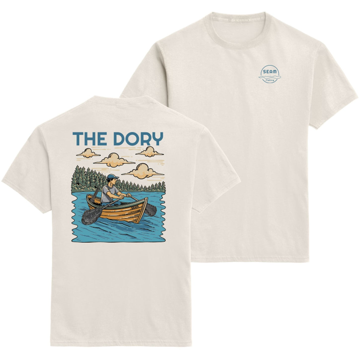 Beige t-shirt with a graphic of a person in a boat and 'The Dory' text on the front, displayed flat.